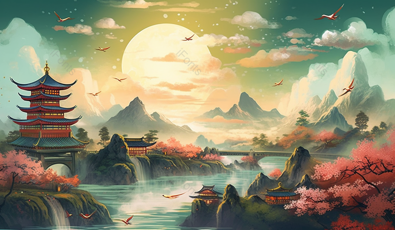 国潮唯美建筑山水风景插画,插画/手绘图,插画/手绘图库,插画/手绘图下载,插画/手绘